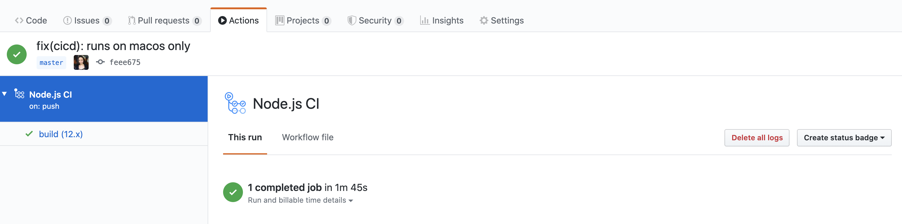 Github actions UI successful run Github actions UI
