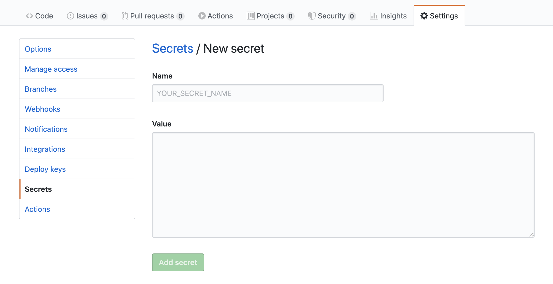 adding secrets UI on Github adding secrets UI on Github
